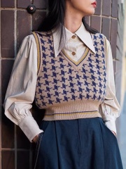 One Side Two Collection French retro all-match V-neck houndstooth all-wool blended vest vest thick small version for women