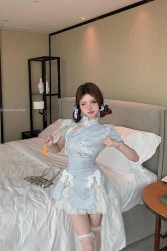 Actual shot of new Chinese style girly mid-length waist-cinching sweet cheongsam princess dress