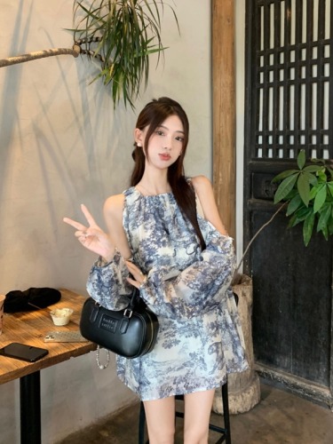 Real shot ~ Zen new Chinese style animal print embroidery design off-shoulder shirt for women A-line dress