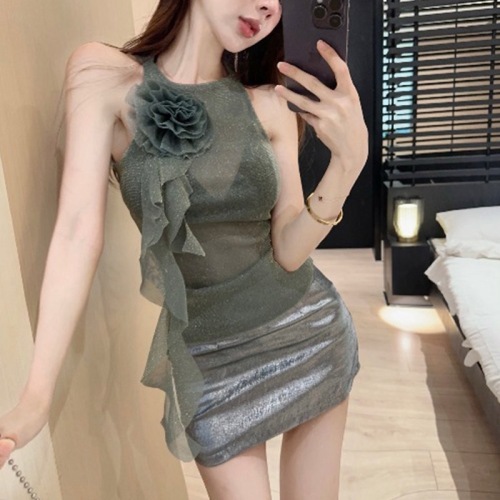 Mesh camisole women's summer sleeveless inner wear hot girl's stunning top + skirt two-piece suit