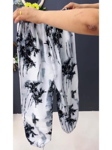 New high-end ice silk ink bamboo print pants, fashionable casual pants, versatile elastic waist nine-point harem pants