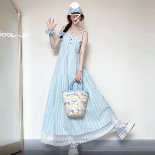 French First Love Blue Suspender Dress Women's Summer 2024 New Small Seaside Resort Style Beach Long Dress