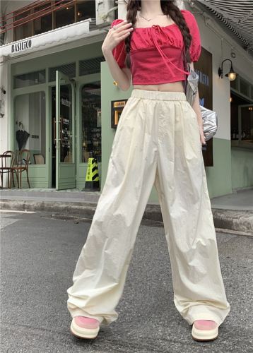 Actual shot of new summer clothes, loose slimming wide-leg pants, elastic high-waisted straight solid color casual pants