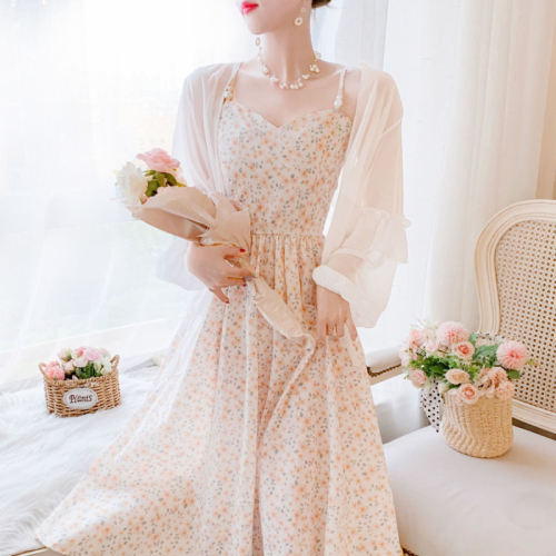 Original floral suspender dress for women summer French super fairy temperament long skirt sweet cardigan suit