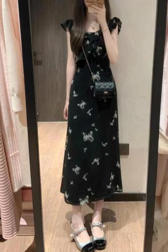 Feifei Sleeve Black Floral Dress Women's Summer 2024 New Design Sweet and Spicy Long Dress