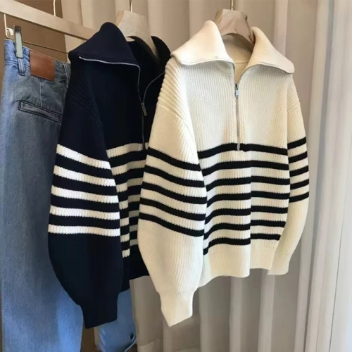 polo large lapel sweater women's half-zip turtleneck striped autumn and winter 2024 loose lazy style pullover wool sweater