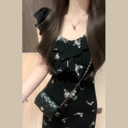 Feifei Sleeve Black Floral Dress Women's Summer 2024 New Design Sweet and Spicy Long Dress