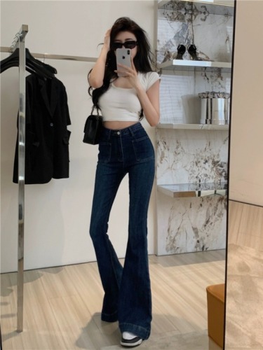 Real shot!  Double-pocket jeans, high-waisted slimming Korean style fashionable bell-bottom trousers