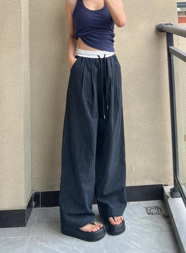 Sweet Plaid Loose Wide Leg Pants Casual Pants Women's Summer Elastic Waist Straight Walking Pants Trousers