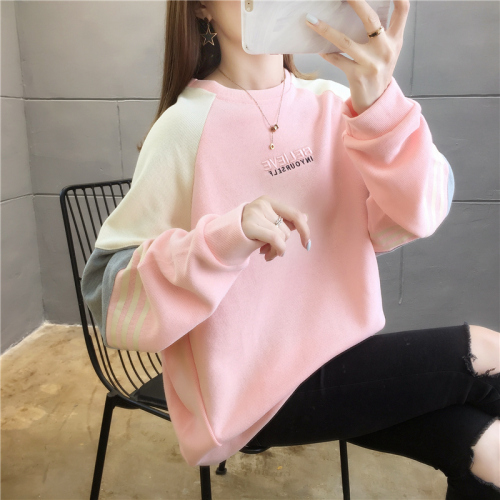 Real shot of cotton sweatshirt oversized women's fat mm loose sweatshirt women's 2024 autumn new style stitching embroidered top trendy