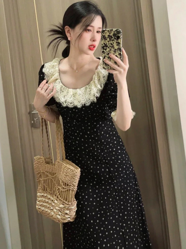 Black French ruffle collar sweet floral dress 2024 new summer style mid-length light luxury short-sleeved tea break dress