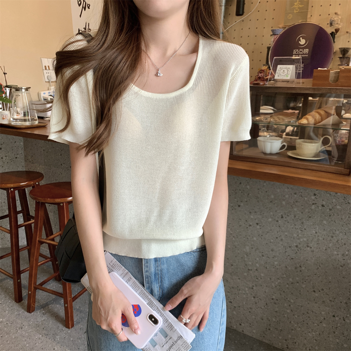 Actual shot of summer Korean style square collar temperament versatile skin-friendly linen silk solid color knitted sweater short-sleeved top for women