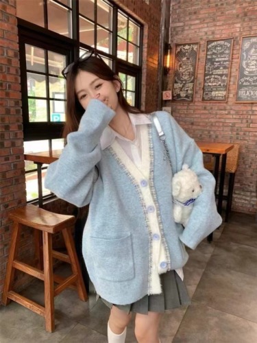 Autumn blue v-neck small fragrant knitted cardigan for women in spring and autumn lazy style loose sweater jacket outer top