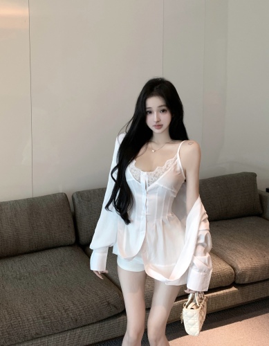 Fake two-piece lace suspender one-piece shirt design suit shirt for women