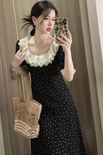 Black French ruffle collar sweet floral dress 2024 new summer style mid-length light luxury short-sleeved tea break dress