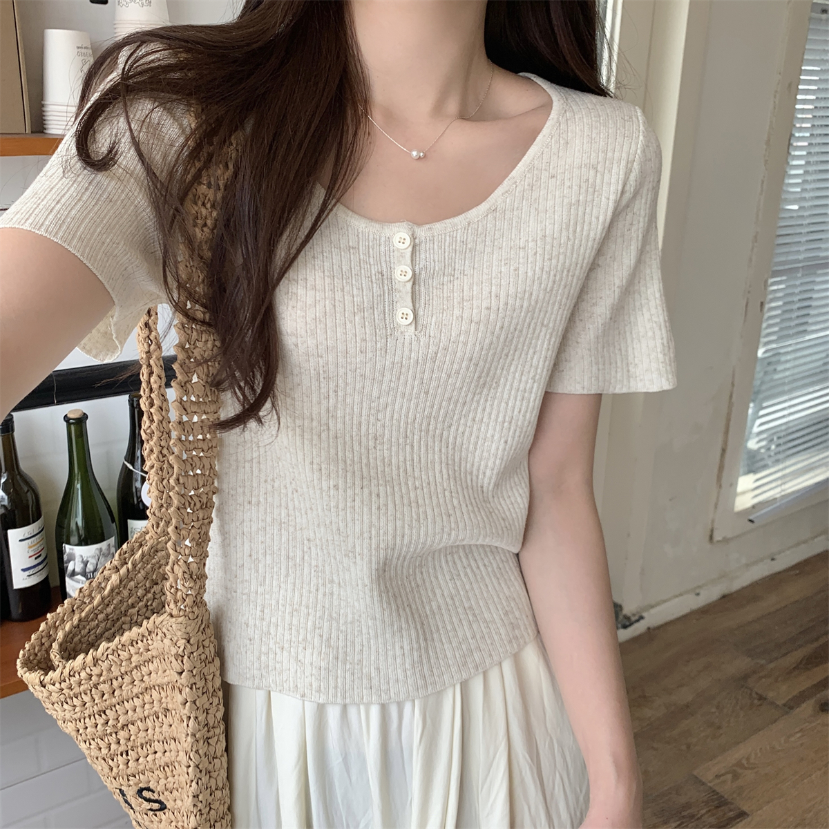 Actual shot of summer Korean style temperament button design cool linen thin knitted sweater short-sleeved top for women