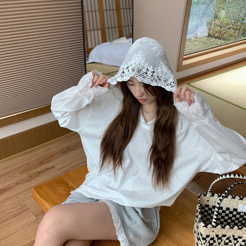 Official photo Thin sun protection top summer crocheted lace stitching hooded T-shirt for women casual loose slimming versatile