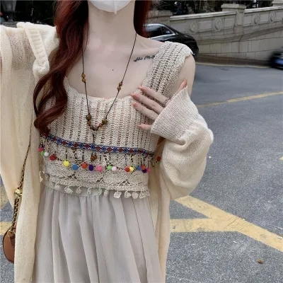 Korean retro hollow tassel camisole fairy temperament spring new fashion sweater for women