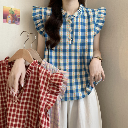 Actual shot of new summer pastoral linen cotton pleated plaid vest top