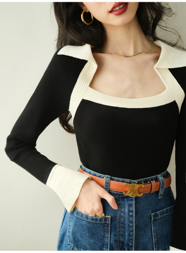 Retro high-end color-blocked square collar, chic salt-based sweet and cool top, fashionable slimming knitted sweater for women, slim fit