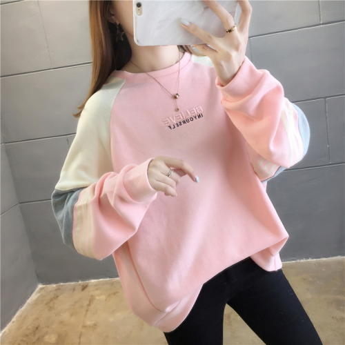 Real shot of cotton sweatshirt oversized women's fat mm loose sweatshirt women's 2024 autumn new style stitching embroidered top trendy