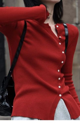 Knitted sweater, lazy style, new style, red sweater, bottoming, inner top, slimming cardigan for women