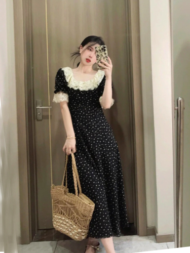 Black French ruffle collar sweet floral dress 2024 new summer style mid-length light luxury short-sleeved tea break dress