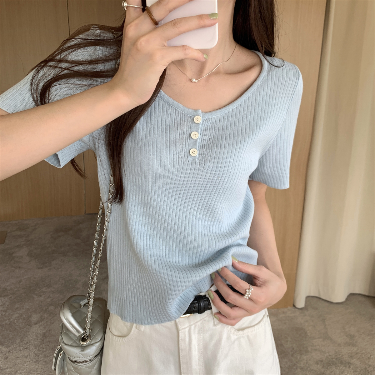 Real shot of summer Korean version versatile round neck button design cool linen sweater short-sleeved top for women