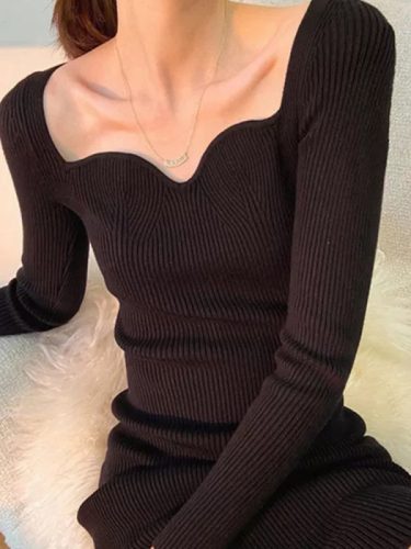 New French retro waist-cinching sexy knitted dress for women mid-length bottoming sweater dress