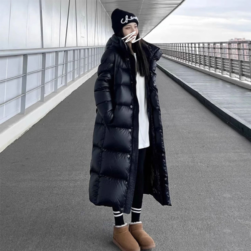 Black Gold Down Cotton Jacket Women's Long Over-the-Knee 2024 Winter New Thick Couple Cotton Coat High-end Jacket