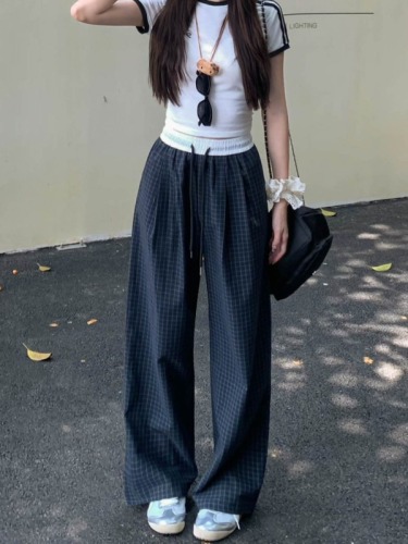 Sweet Plaid Loose Wide Leg Pants Casual Pants Women's Summer Elastic Waist Straight Walking Pants Trousers