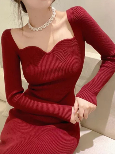 New French retro waist-cinching sexy knitted dress for women mid-length bottoming sweater dress