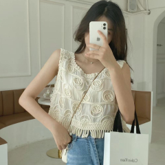 2024 new design crochet hollow short splicing tassel sleeveless vest top for women