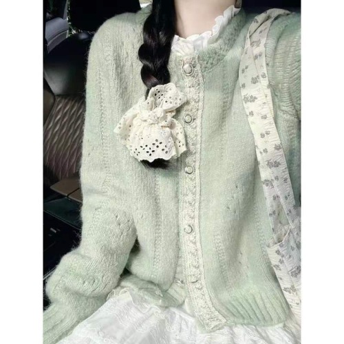 Green lace design knitted sweater cardigan for women 2024 new autumn literary retro lazy jacket top