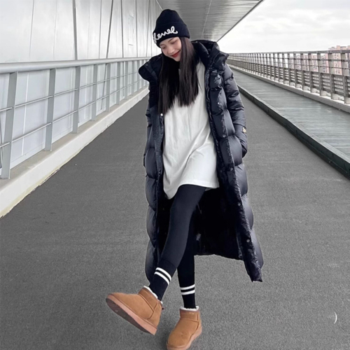 Black Gold Down Cotton Jacket Women's Long Over-the-Knee 2024 Winter New Thick Couple Cotton Coat High-end Jacket