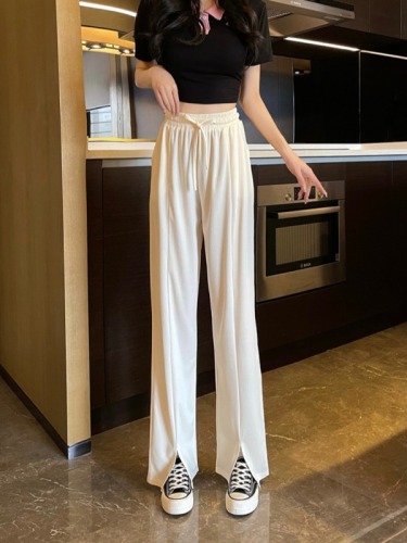 Actual shot of ice silk slit wide-leg pants for women, summer high-waisted casual pants, loose straight draping trousers