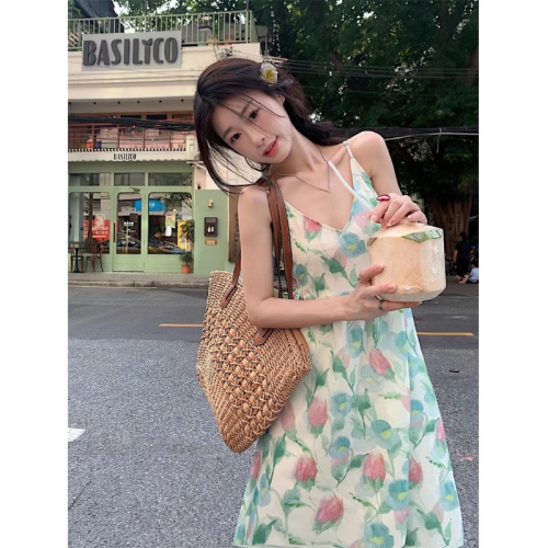 Summer Tulip Holiday Style Korean Style Suspender Dress 2024 Summer Fashion Versatile Sweet Smudge Flower Dress