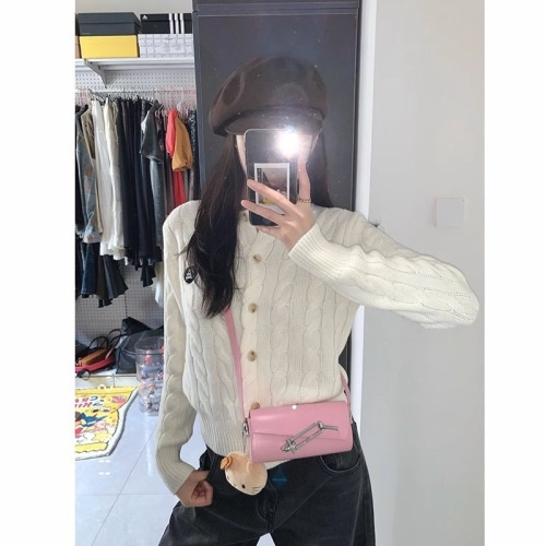 White short twist knitted cardigan for women in spring and autumn, college style, slim-fitting, bottoming shirt, sweater jacket, autumn and winter