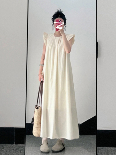 French style small flying sleeve white dress for women summer 2024 new style long dress for small people with seaside vacation temperament