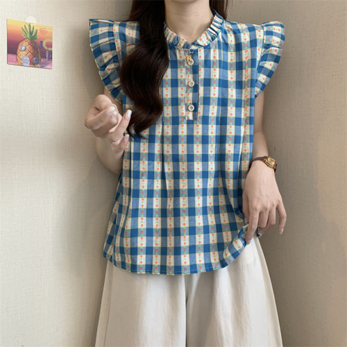 Actual shot of new summer pastoral linen cotton pleated plaid vest top