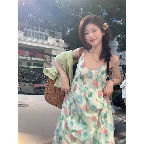 Summer Tulip Holiday Style Korean Style Suspender Dress 2024 Summer Fashion Versatile Sweet Smudge Flower Dress