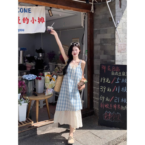 Red fake two-piece plaid lace suspender dress for women summer seaside resort style long skirt