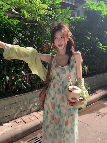 Summer Tulip Holiday Style Korean Style Suspender Dress 2024 Summer Fashion Versatile Sweet Smudge Flower Dress