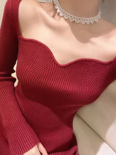 New French retro waist-cinching sexy knitted dress for women mid-length bottoming sweater dress