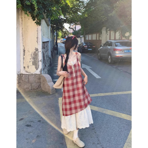 Red fake two-piece plaid lace suspender dress for women summer seaside resort style long skirt