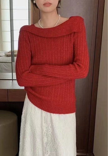 Retro style lazy one-shoulder sweater for women winter new style high-end gentle design long-sleeved knitted top