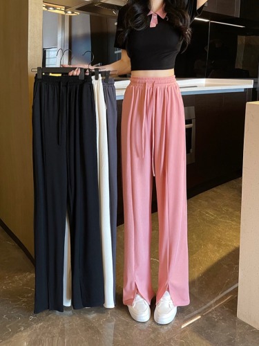 Actual shot of ice silk slit wide-leg pants for women, summer high-waisted casual pants, loose straight draping trousers