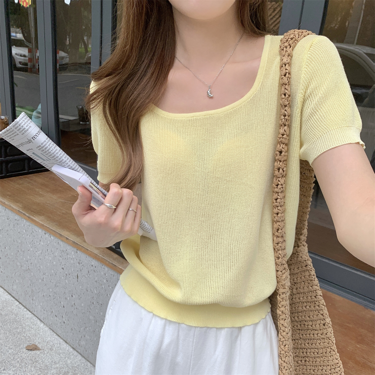 Actual shot of summer Korean style square collar temperament versatile skin-friendly linen silk knitted sweater short-sleeved top for women