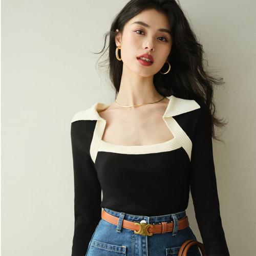 Retro high-end color-blocked square collar, chic salt-based sweet and cool top, fashionable slimming knitted sweater for women, slim fit