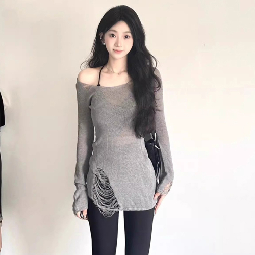 Complete with three standards - early autumn ripped hole hollow street design hot girl slimming thin long-sleeved pullover top